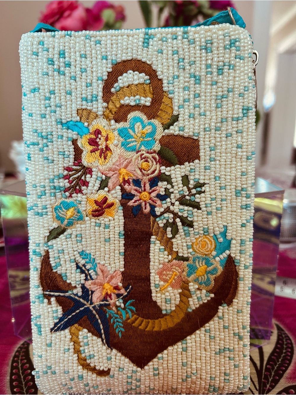 Beaded Floral Anchor Crossbody Bag in White and Turquoise